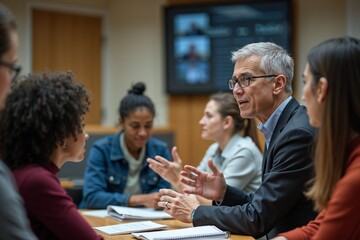 A group of diverse professionals engaged in a focused business meeting, collaborating, and discussing various ideas around a conference table with digital tools in use.