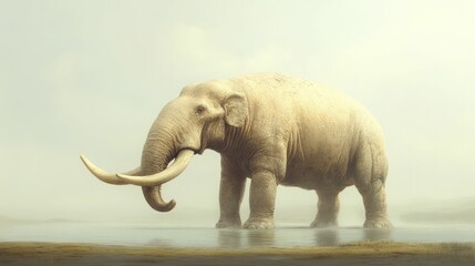 Obraz premium Platybelodon Shovel Tusks Using Its Unique Jaw to Forage Along a Waterway