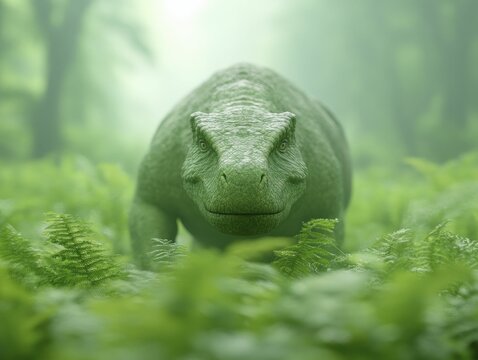 The sturdy Moschops traverses thick foliage while navigating the warmth of a humid environment, showcasing its impressive build amidst vibrant plant life.
