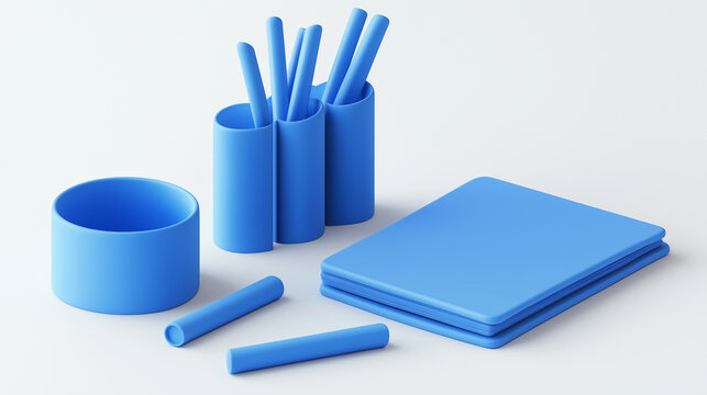 Blue stationery set resting on a white tabletop