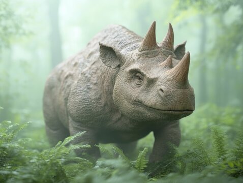 The robust Moschops navigates through thick foliage under the warmth of the sun, thriving in its lush, green habitat filled with diverse plant life.