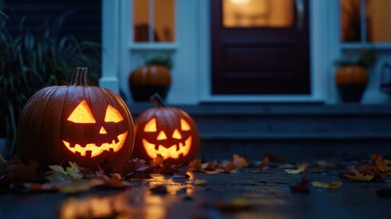 Obraz premium A Halloween scene with carved orange pumpkins glowing in the dark, placed on a front porch.