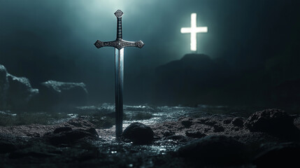 Naklejka premium Medieval sword standing upright by glowing cross on dark battlefield
