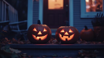 Fototapeta premium A Halloween scene with carved orange pumpkins glowing in the dark, placed on a front porch.