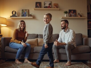A cheerful family at home with parents sitting on the couch while their child walks confidently, showing a warm and supportive family dynamic in a cozy setting.