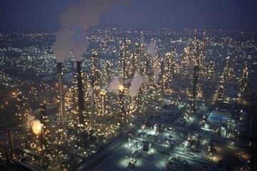 Fototapeta premium Aerial View of an Illuminated Industrial Complex at Night
