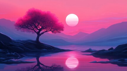 Fototapeta premium Silhouetted Tree by a Pink Sunset Lake with Mountains
