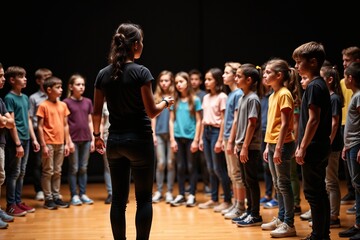 Obraz premium Drama Rehearsal: Junior High Teacher Guiding Students on Stage