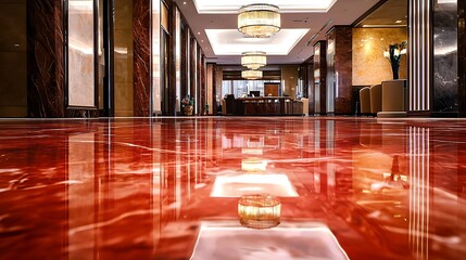 Reflective red marble floors in a luxury hotel lobby, under dramatic lighting.