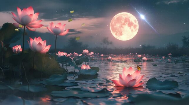 beautiful view of lotus flowers on the lake on a full moon night. seamless looping time-lapse virtual 4k video Animation Background.