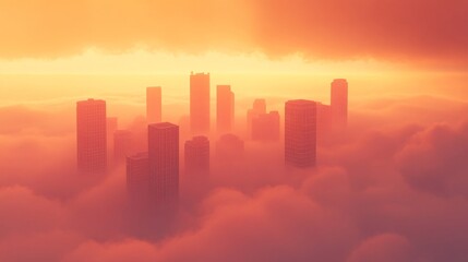 Fototapeta premium Aerial view of skyscrapers emerging from thick fog during a stunning sunset.