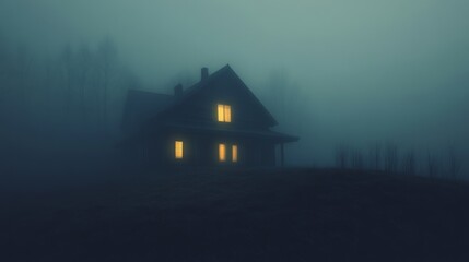 Mysterious foggy house at night with illuminated