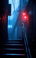 A moody alleyway with glowing red lights, shrouded in mist, showcasing an eerie and atmospheric urban scene.