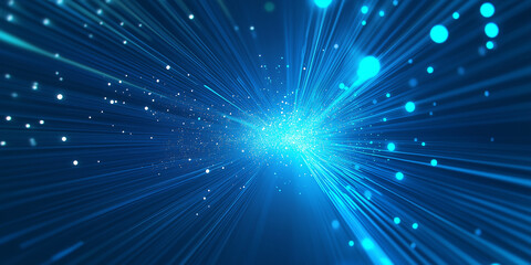 Naklejka premium Abstract blue light beams streaking out from center surrounded by particles