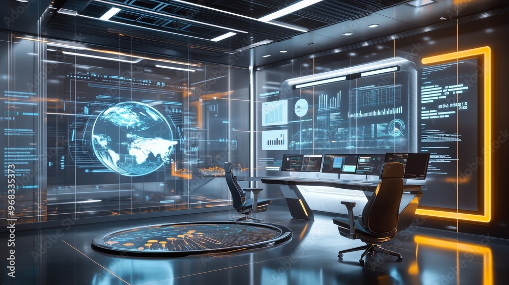 Poster futuristic control room with advanced technology and interactive globes during a high-tech monitorin