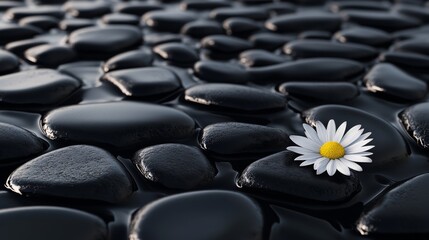 Fototapeta premium Visual composition of black stones in the water with a lonely daisy between them. Black stones in the water in top view in 3D style.