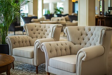 Hotel area featuring plush armchairs and a soft sofa, ideal for relaxation.