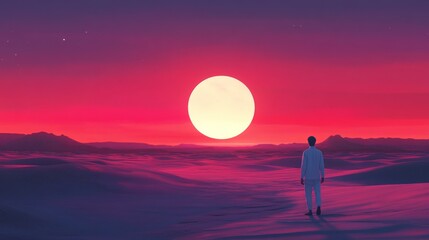 A lone figure standing in a desert landscape under a large moon