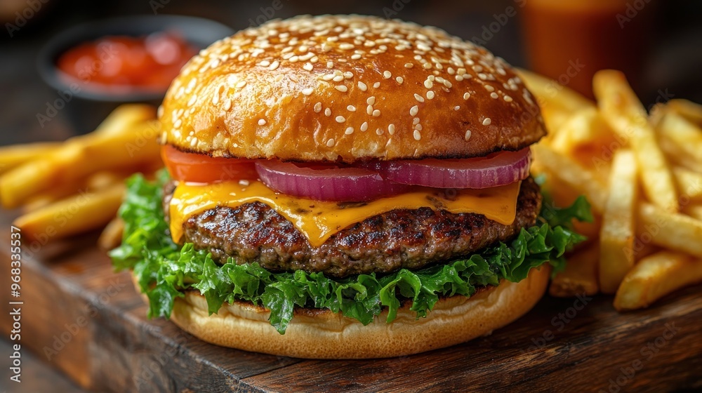 Poster Juicy Cheeseburger with Crispy Fries