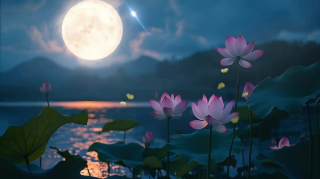 tus flowers during a full moon on a natural beach a beautiful view of lo. seamless looping time-lapse virtual 4k video Animation Background