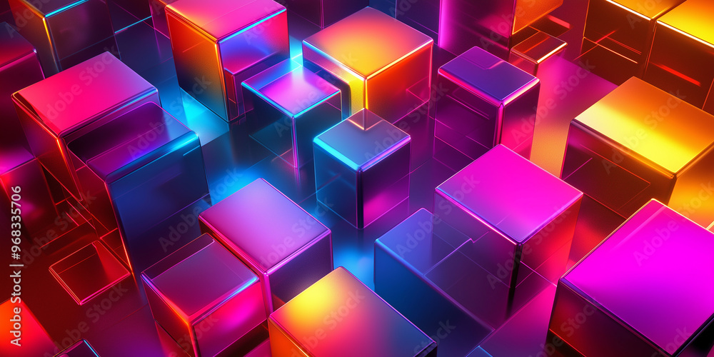 Poster many colorful cubes are standing on a reflective surface
