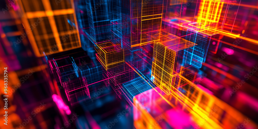 Poster Abstract technology background with glowing lines forming cubes and grids