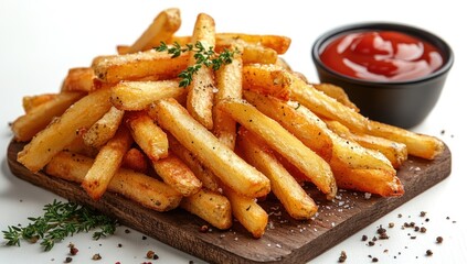 Crispy French Fries with Salt, Pepper and Thyme on a Wooden Cutting Board