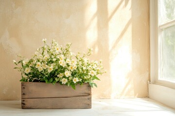 A serene arrangement of white flowers in a wooden planter, brightening up a sunlit room with warm walls.