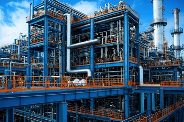 Fototapeta premium Industrial Complex with Blue Steel Structures and Pipes