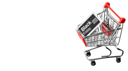Black Friday sticker and shopping cart on transparent background