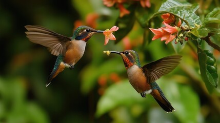 Fototapeta premium The charming Hummingbird feeds on sweet nectar from flowers