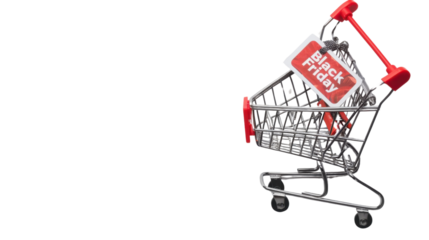 Black Friday sticker and shopping cart on transparent background