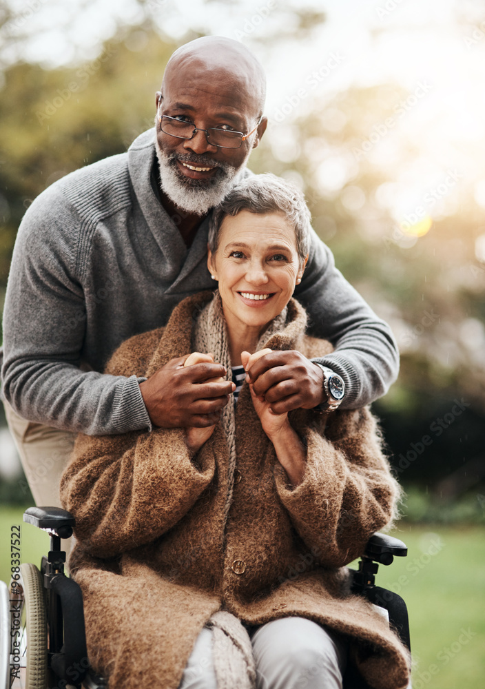 Canvas Prints mature woman, wheelchair and man for hug, love or portrait with empathy for retirement. senior lady,