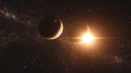 A binary star system, with two suns orbiting each other in a distant galaxy, casting light across nearby planets.