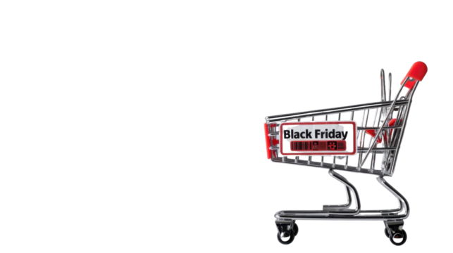Black Friday sticker and shopping cart on transparent background