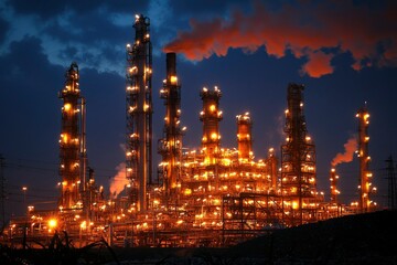 Fototapeta premium Illuminated Oil Refinery at Night with Smoke Plumes