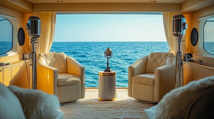 Elegant podcast studio aboard a luxury yacht, furnished with soft leather chairs and chrome microphones, surrounded by panoramic ocean views and calm blue waters, perfect for high-end content creation