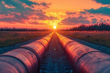 A Pipeline Leading Towards a Sunset in a Field