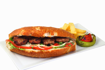Delicious Turkish Kofte Sandwich (meatballs) isolated white background