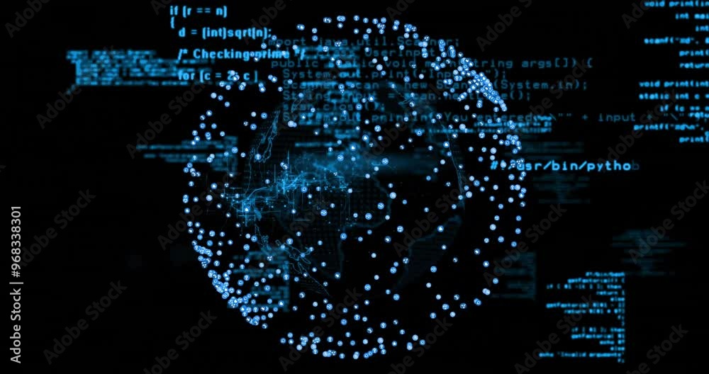 Poster animation of data processing and globe on black background