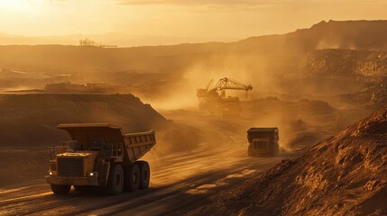 Fototapeta premium Heavy-duty trucks and bulldozers clearing paths in a mining area surrounded by dust