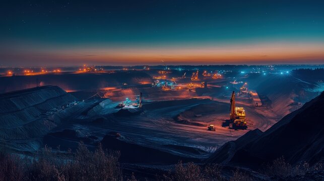 Coal mining operation at night with powerful lights illuminating the entire area
