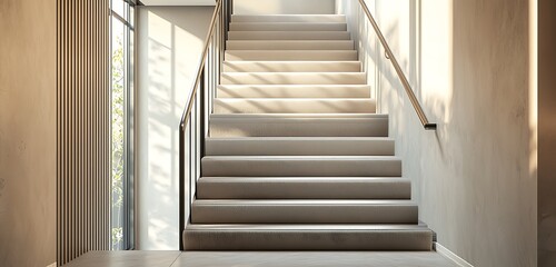 Obraz premium Softly carpeted residential staircase with sleek railings.
