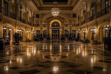 Fototapeta premium Architectural features of a hotel lobby illuminated at night.