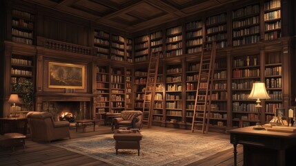 Cozy reading room with wooden shelves and a fireplace creating a warm atmosphere in an elegant library