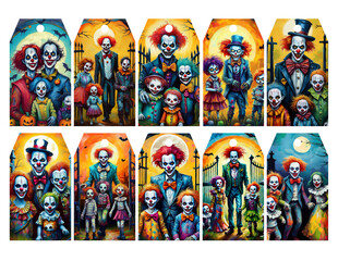 Scary Creepy Zombie Clown Family at Cemetary Gate Watercolor Gift Tags