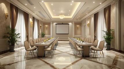 Fototapeta premium Plush hotel space set up for conferences and large meetings.