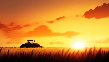 A silhouette of a tractor in a golden wheat field during a vibrant sunset, capturing the essence of agriculture and serenity.