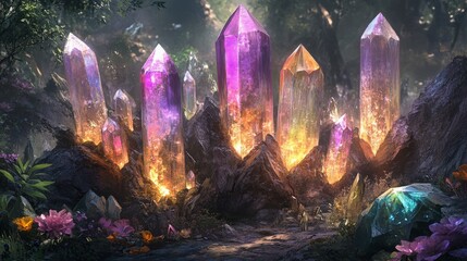 Fototapeta premium Glowing Crystal Formations in a Mystical Forest