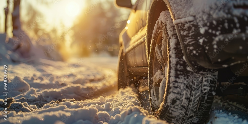 Poster close up view of a car covered in snow during winter